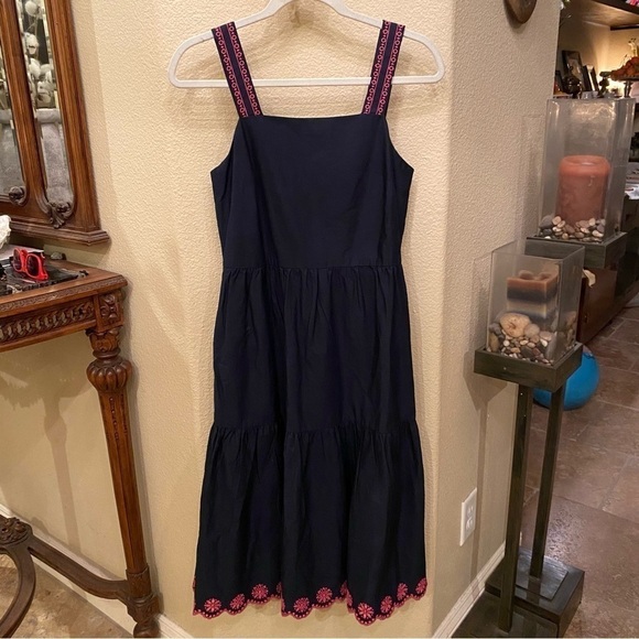 J. CREW Women Navy w/ Pink Eyelet Midi Summer Dress Size 2 - Picture 1 of 10